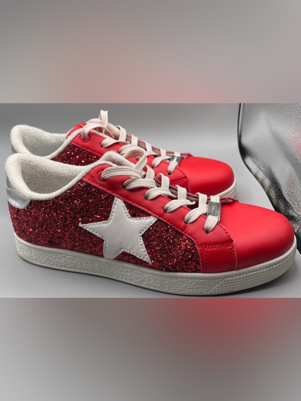 LUCKY STEP Glitter Sneakers Lace Up Fashion Sneakers RED GLITTER size 9